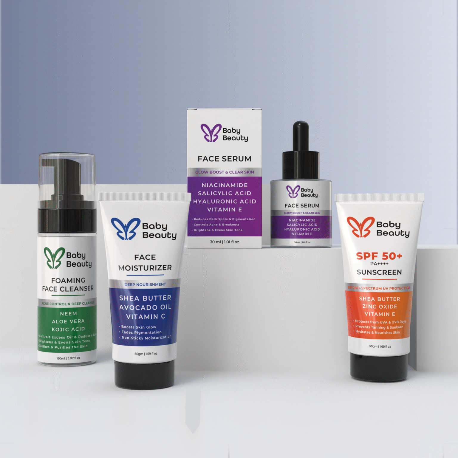 Foaming Face Cleanser + Face Serum + Moisturizer + Sunscreen – Combo | Cleanse, Treat, Hydrate & Protect