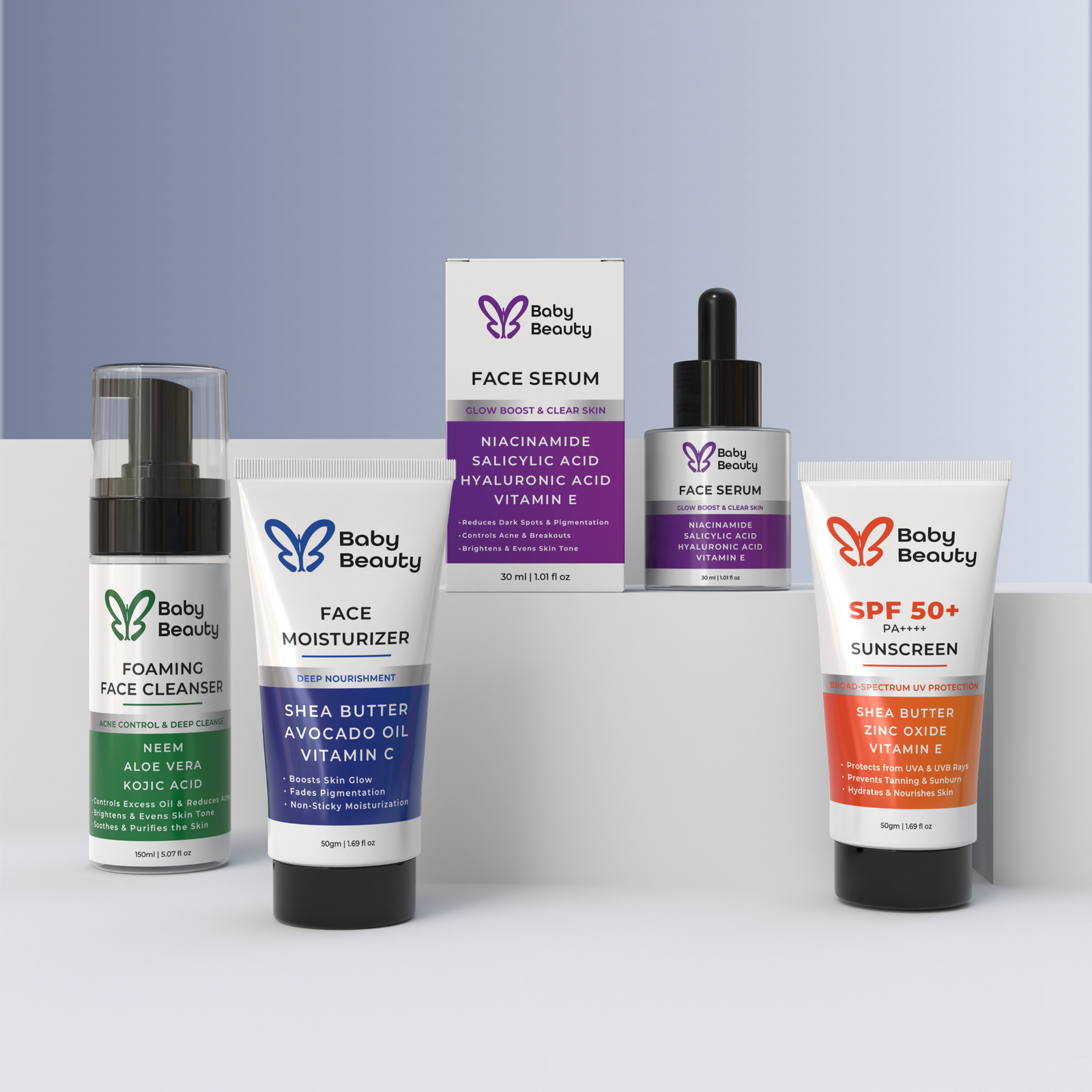 Foaming Face Cleanser + Face Serum + Moisturizer + Sunscreen – Combo | Cleanse, Treat, Hydrate & Protect